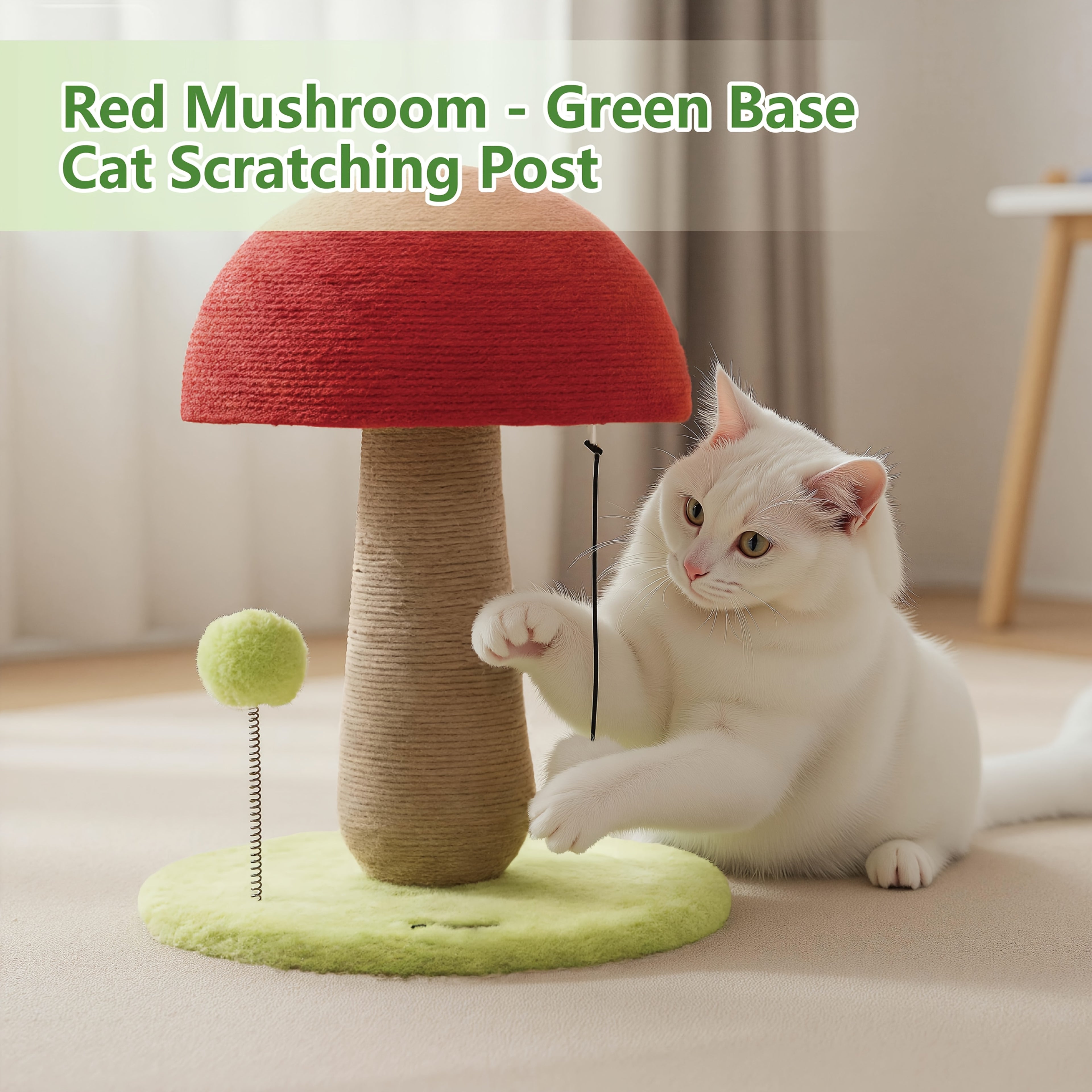 Mushroom Cat Scratching Post - Cute Cat Furniture with Interactive Toy Ball, Durable Sisal Scratcher for Kittens, Keeps Your Cat's Claws Healthy, Cat Toy & Furniture Protector