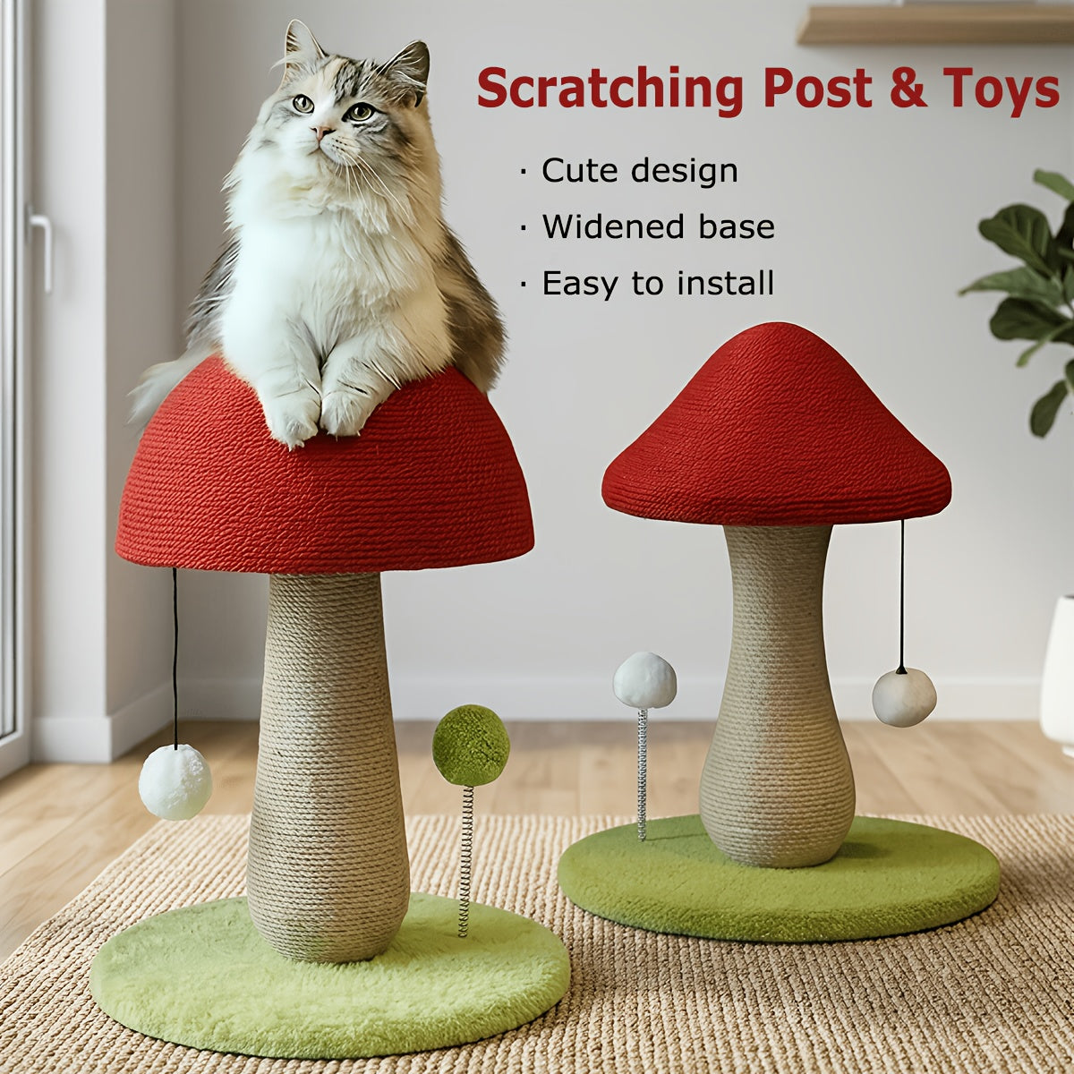 Mushroom Cat Scratching Post - Cute Cat Furniture with Interactive Toy Ball, Durable Sisal Scratcher for Kittens, Keeps Your Cat's Claws Healthy, Cat Toy & Furniture Protector