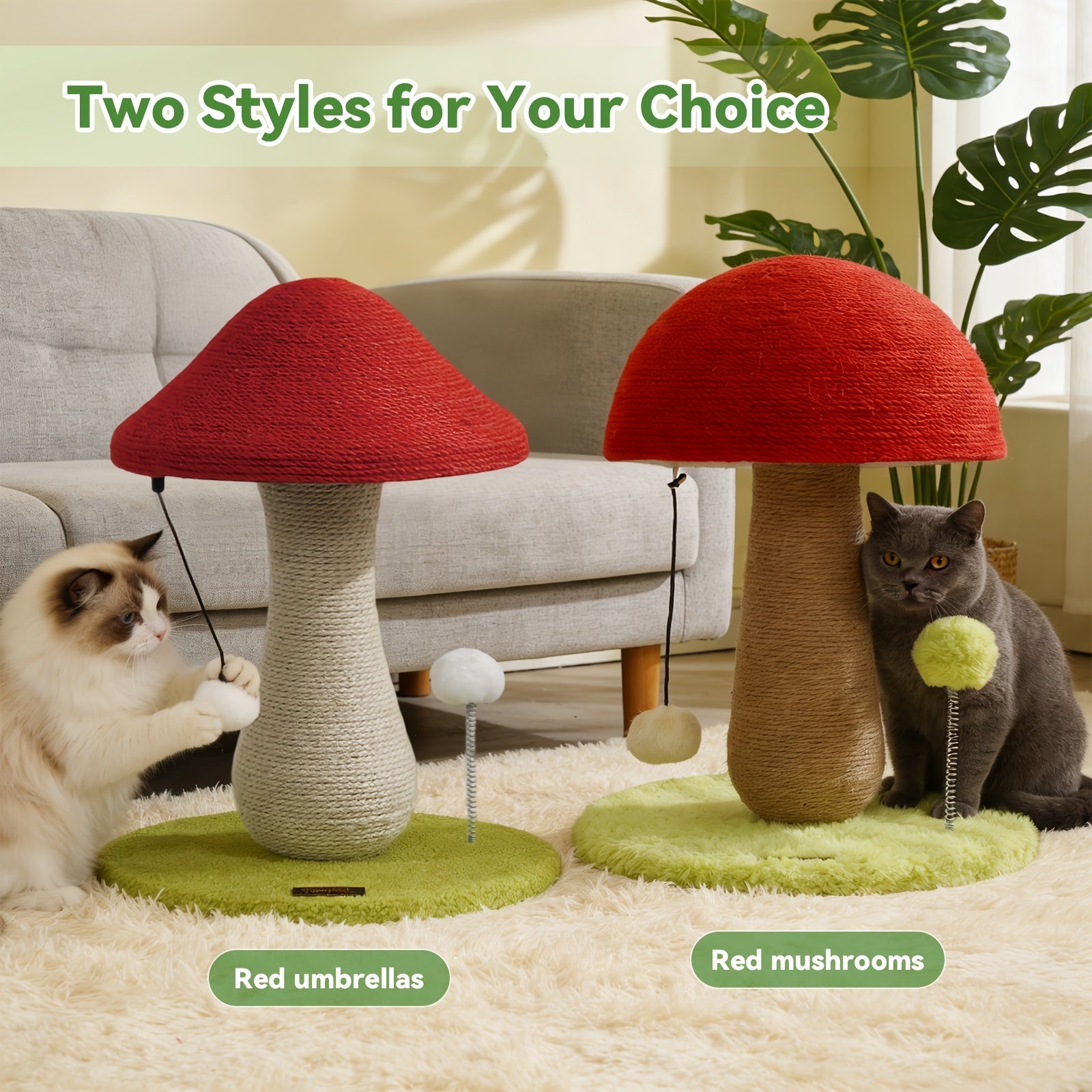Mushroom Cat Scratching Post - Cute Cat Furniture with Interactive Toy Ball, Durable Sisal Scratcher for Kittens, Keeps Your Cat's Claws Healthy, Cat Toy & Furniture Protector