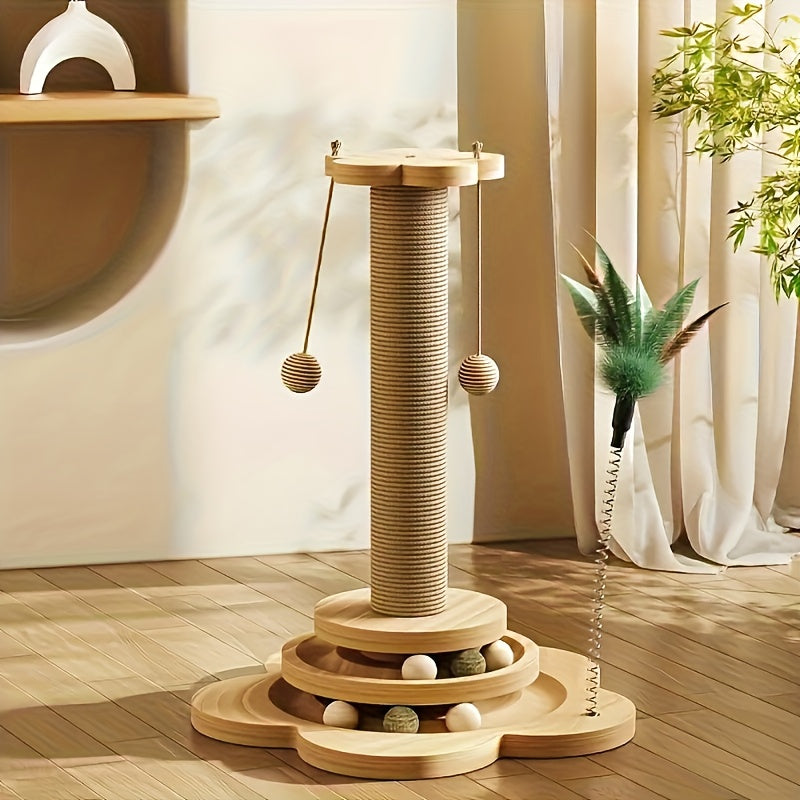 Interactive Cat Scratch Pillar Tower with Jute Ball Track - Durable Multifunctional Self-Amusement Cat Scratch Pillar, No Batteries Required, Cat Toys, Jute, Hanging Artificial Feather Toys