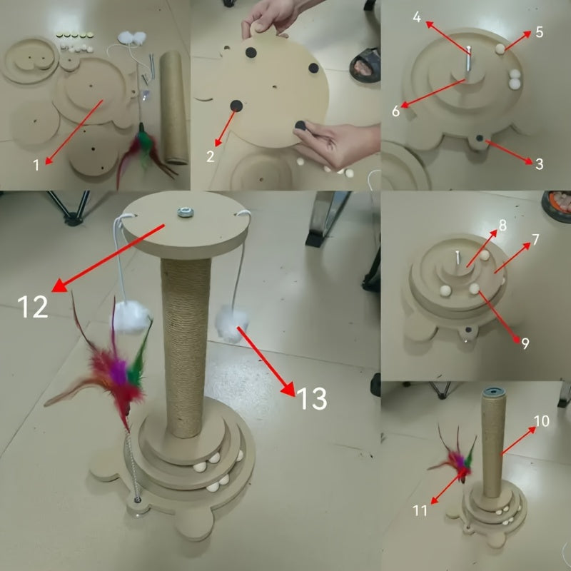 Interactive Cat Scratch Pillar Tower with Jute Ball Track - Durable Multifunctional Self-Amusement Cat Scratch Pillar, No Batteries Required, Cat Toys, Jute, Hanging Artificial Feather Toys