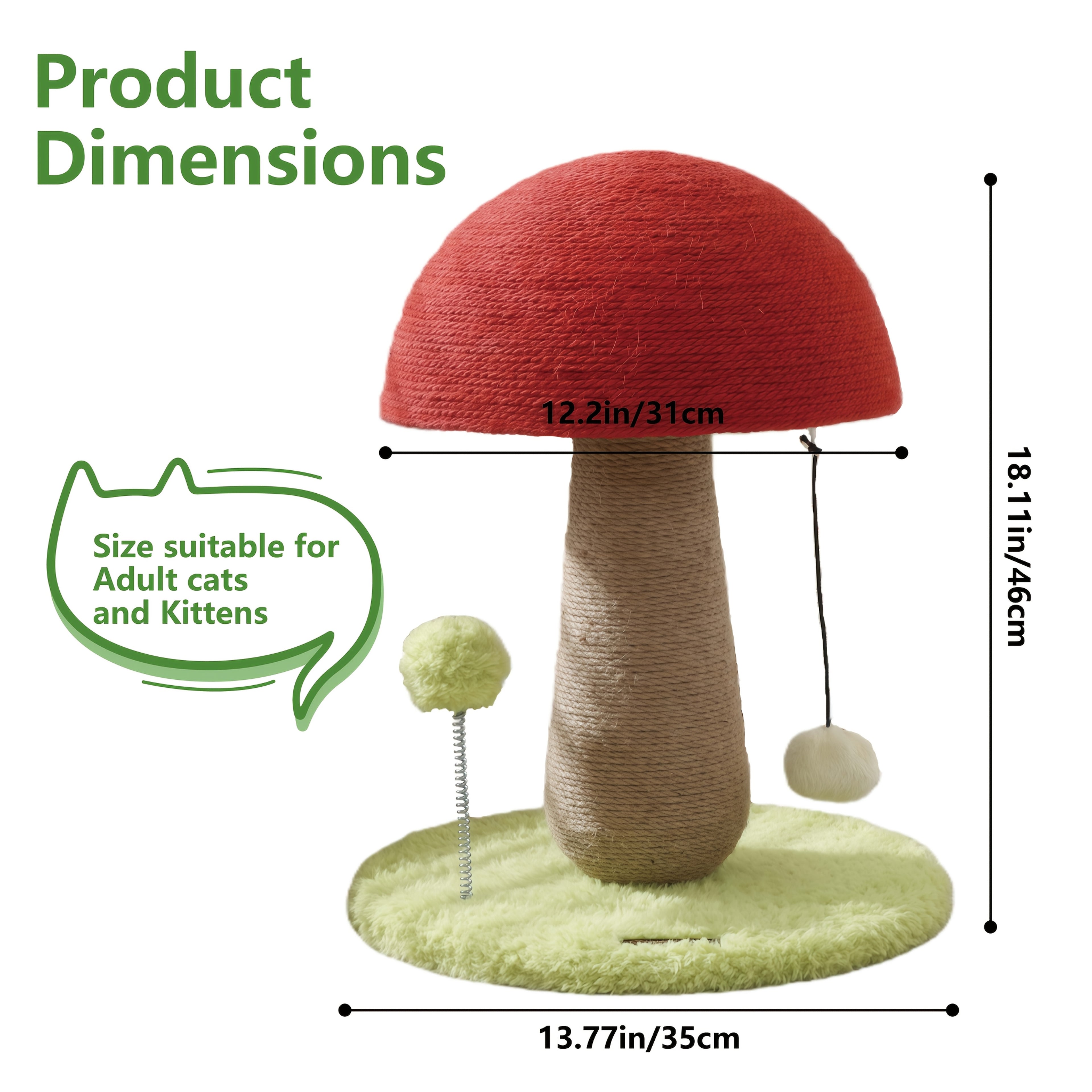 Mushroom Cat Scratching Post - Cute Cat Furniture with Interactive Toy Ball, Durable Sisal Scratcher for Kittens, Keeps Your Cat's Claws Healthy, Cat Toy & Furniture Protector