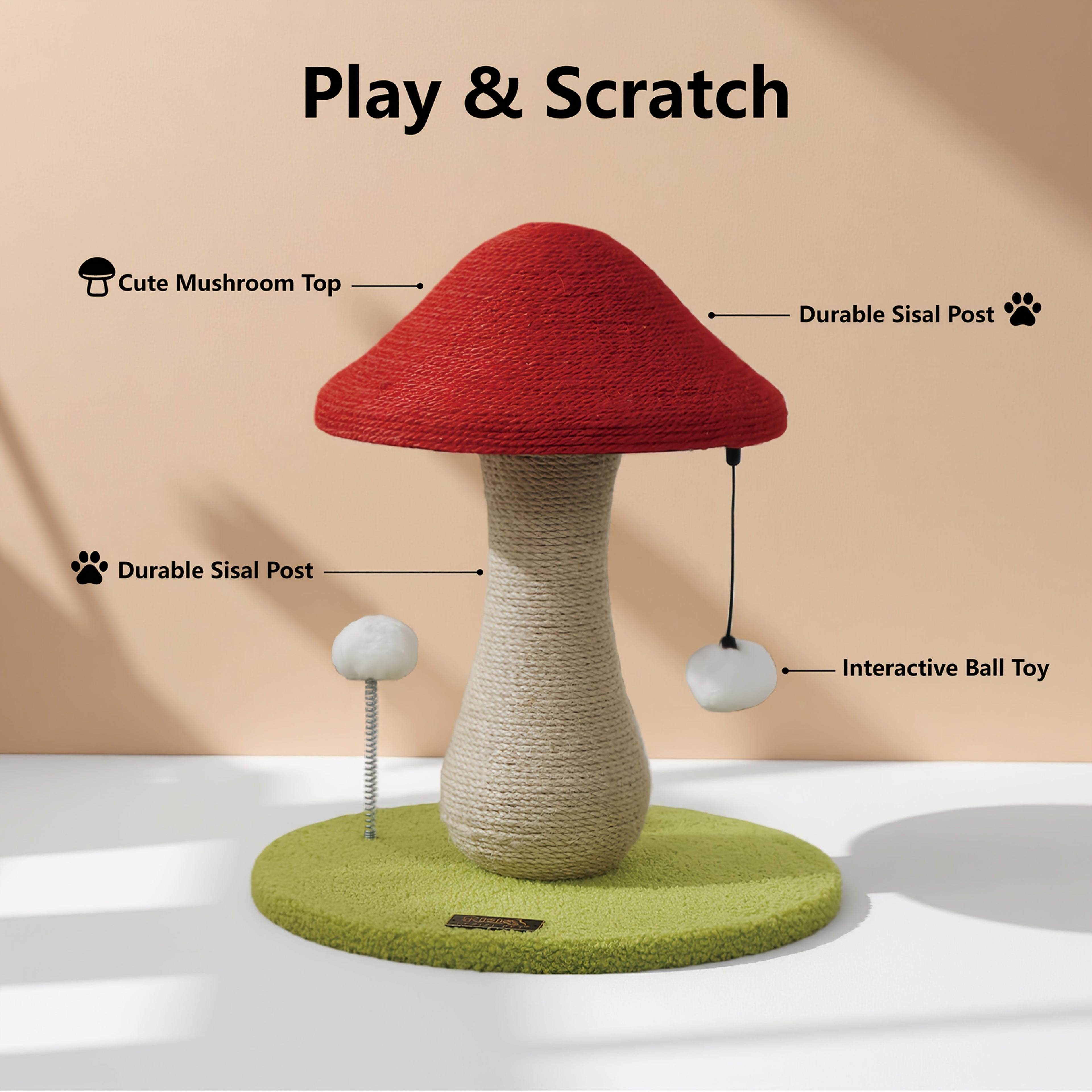 Mushroom Cat Scratching Post - Cute Cat Furniture with Interactive Toy Ball, Durable Sisal Scratcher for Kittens, Keeps Your Cat's Claws Healthy, Cat Toy & Furniture Protector