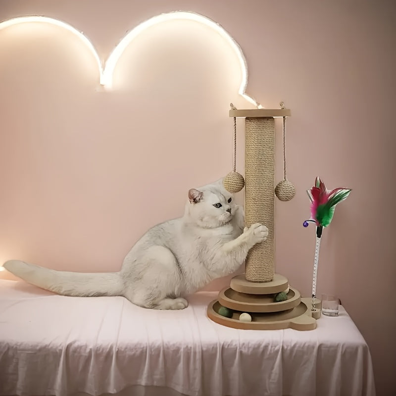 Interactive Cat Scratch Pillar Tower with Jute Ball Track - Durable Multifunctional Self-Amusement Cat Scratch Pillar, No Batteries Required, Cat Toys, Jute, Hanging Artificial Feather Toys