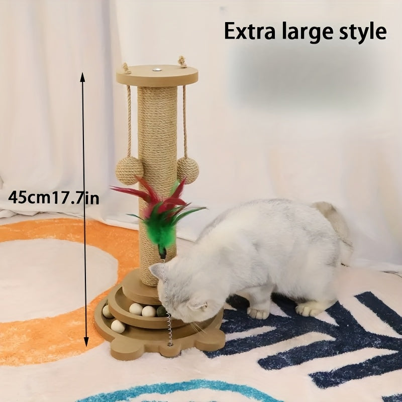 Interactive Cat Scratch Pillar Tower with Jute Ball Track - Durable Multifunctional Self-Amusement Cat Scratch Pillar, No Batteries Required, Cat Toys, Jute, Hanging Artificial Feather Toys